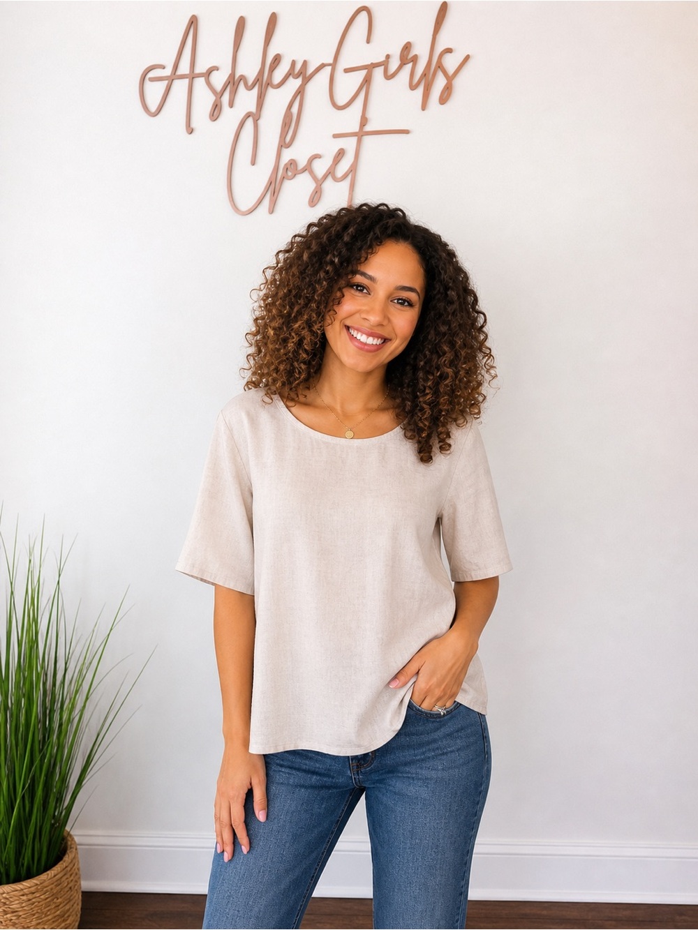 Via Vai by Pollero Beige Linen Top | Size Medium | Minimal Boho